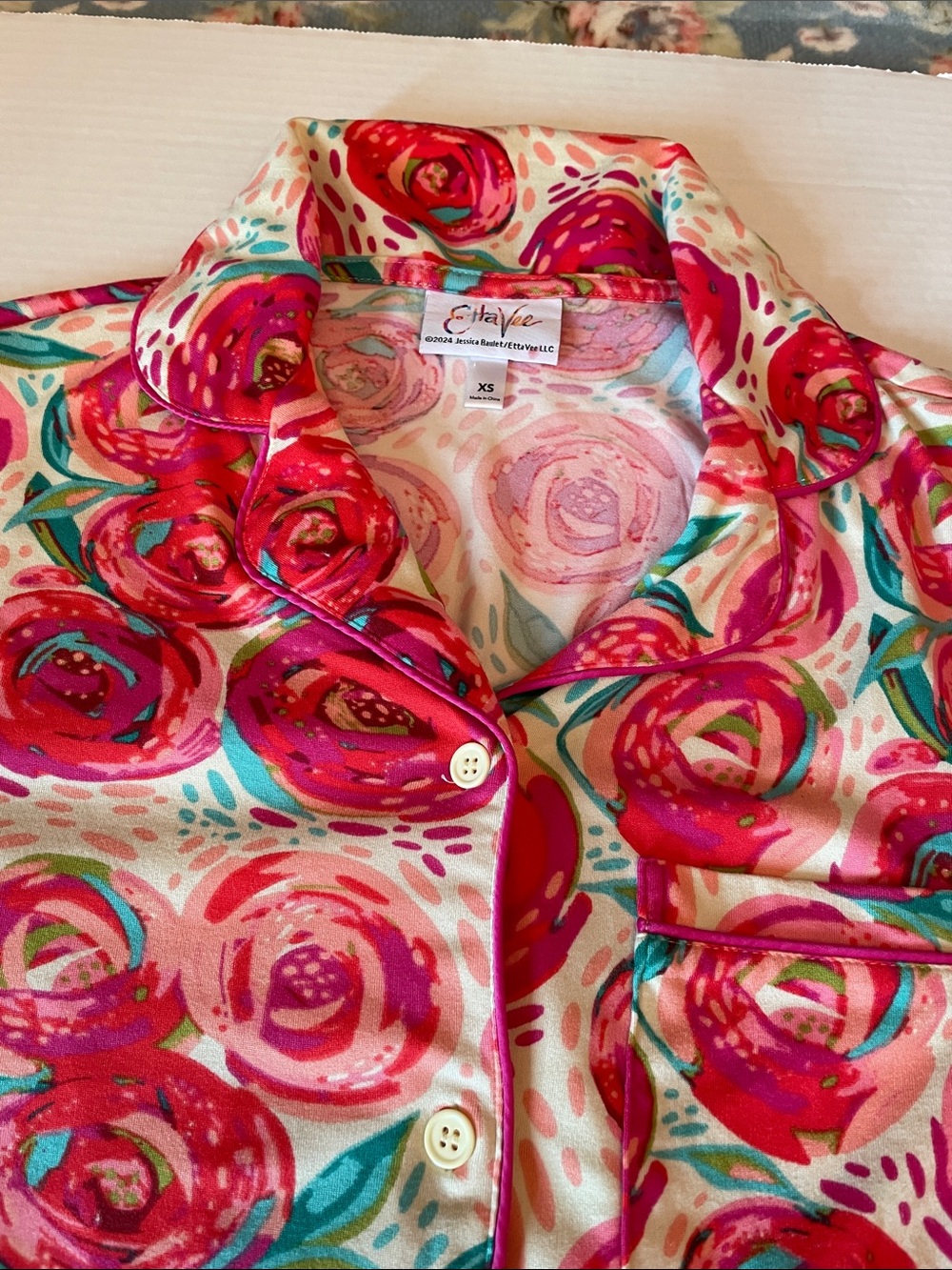 Etcetera Rose-Print Satin Button-Up Top - Pink & Teal PJ set 
Top and Bottom